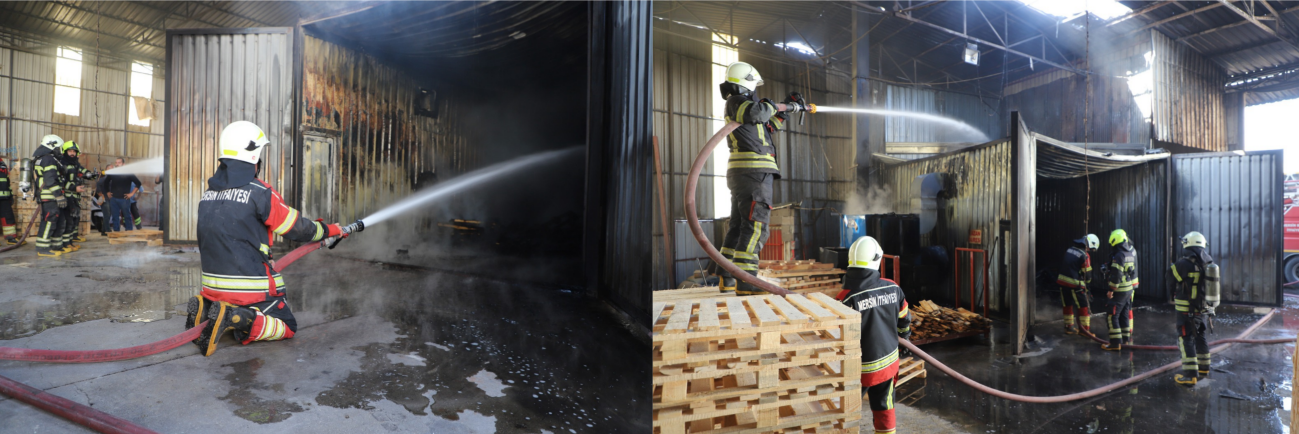 PALET İMALATHANESİNDEKİ YANGIN, MERSİN BÜYÜKŞEHİR İTFAİYESİ’NİN HIZLI MÜDAHALESİYLE BÜYÜMEDEN SÖNDÜRÜLDÜ